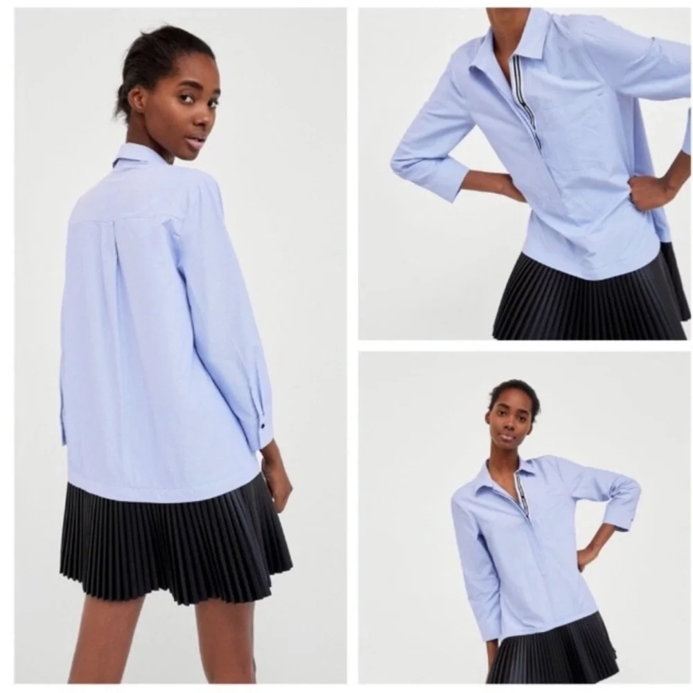 Zara Contrasting Shirt Dress Stripes and Black Faux Leather Skirt Blue Black - Picture 4 of 9